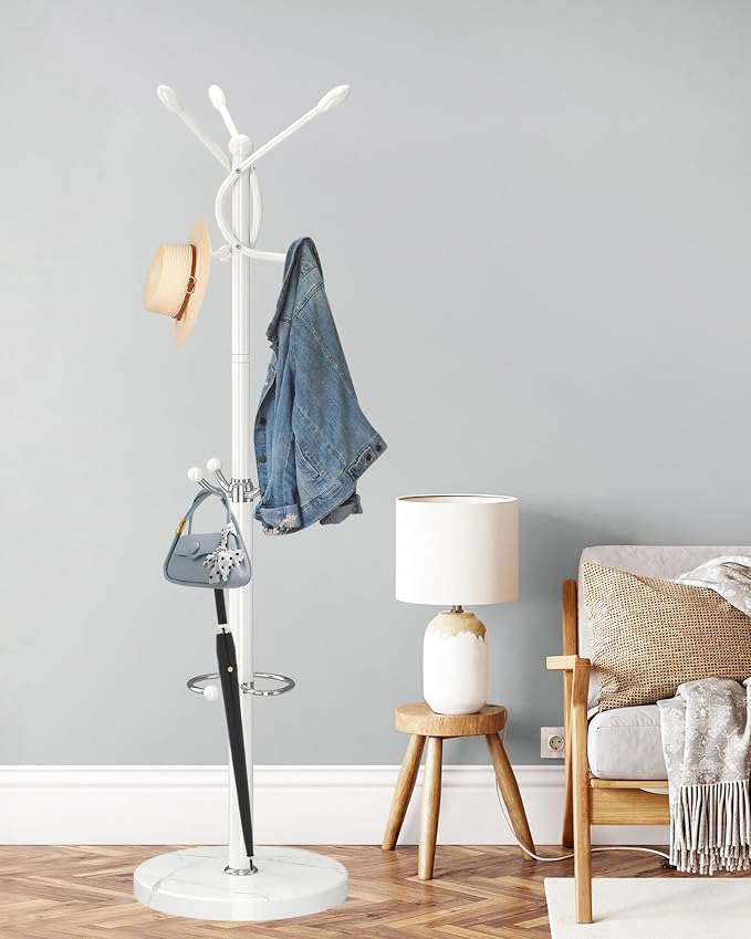 ZOZOE Metal Coat Rack Stand, Modern Coat Rack Freestanding with Natural Marble Base, Sturdy Coat Racks with 10 Hooks & Umbrella Holder,White Coat Tree Hanger Stand for Bags,Hats,Entryway,Office