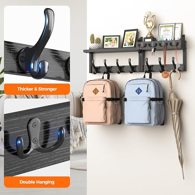 Evermagin 29" Coat Rack Wall Mount with Shelf for Entryway, Black | Wall Mounted Coat and Key Rack with Hooks, Key Holder with Mail Organizer for Wall, Living Room, Mudroom, Bedroom