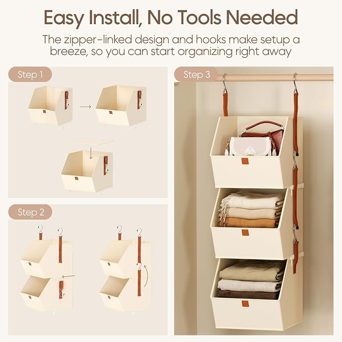 Homsorout Collapsible Hanging Closet Organizer - 6 Tier Closet Shelves Storage System with Hooks, Fabric Hanging Storage Bins for Clothes, Foldable Storage Basket for Laundry, Bedroom, Rv, Beige