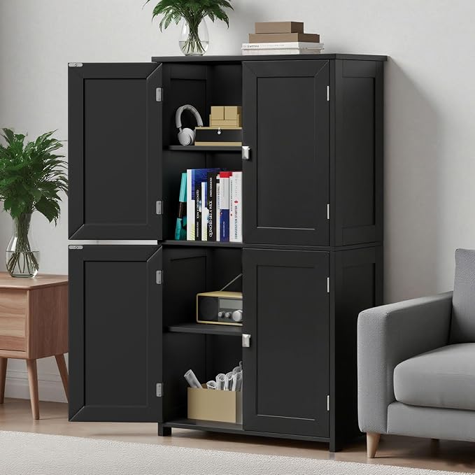 Bathroom Cabinet with Adjustable Shelf Freestanding Storage Cabinet with 2 Doors Wooden Organizer Floor for Bathroom Kitchen and Living Room (Black, 4 Doors)