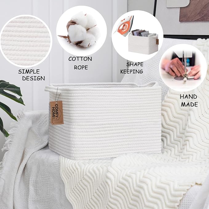 COMFY-HOMI Cotton Rope Woven Basket with Handles for Shelves,Toys,Book, Cloth Storage Baskets Bin for Organizing- 1 PCSToy Decorative Organizer for Living Room, Bathroom