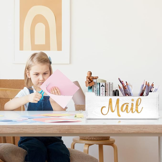 Wooden Mail Organizer Countertop | White Finsh Mail Holder for Wall | Rustic Desk Mail Sorter Basket Letter Holder for Home Office Entryway Decor