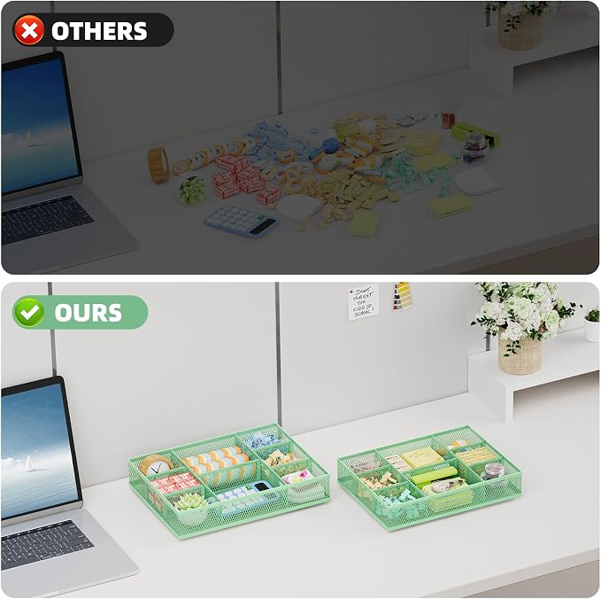 Marbrasse 2 Pack Desk Drawer Organizer, Mesh Drawer Organizer Tray with 8 Adjustable Compartments, Desk Organizers and Accessories, 5 Dividers Drawer for Office Supplies, Makeup & Vanity (Green)