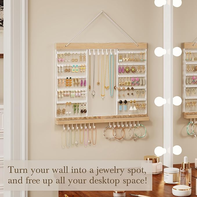 Large Rotating Hanging Jewelry Organizer, 5-Tier Wall Mounted Earring Holder for 180 Pairs, Jewelry Rack for Earrings, Necklaces, Bracelets & Rings, Necklaces, Bracelets & Rings, for Girls, White