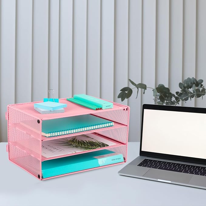 Paper Organizer Tray, 3 Tier Mesh Desk File Organizer Letter Sorter Holder for Home Office, Pink