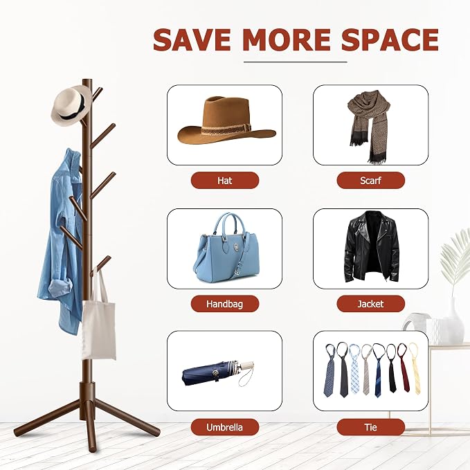 8-Hook Freestanding Coat Rack 3 Adjustable Heights Sturdy Brown | Easy Tool-Free Setup,Ideal for Entryway Bedroom Hallway Office,Holds Clothes Hats Handbags,Space-Saving Vertical Design