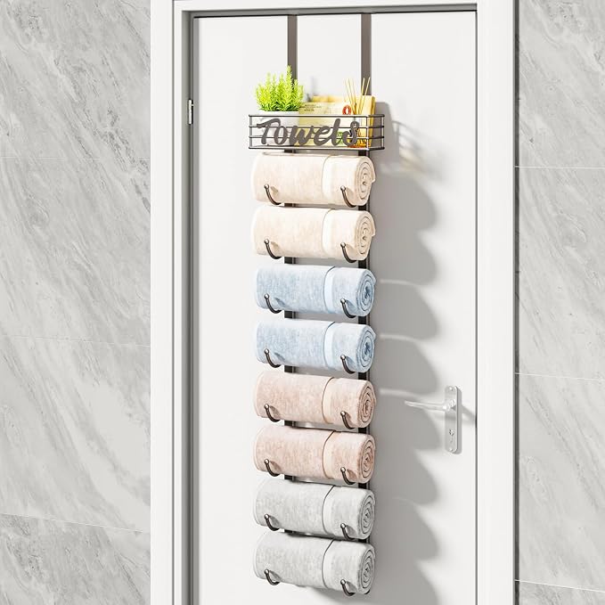 HapiRm Towel Racks for Bathroom Storage - 9 Tier Over The Door & Wall Mount Rolled Towel Storage Organizer Holder with Metal Shelf Basket for Small Bathroom, Camper, Rv - Patented