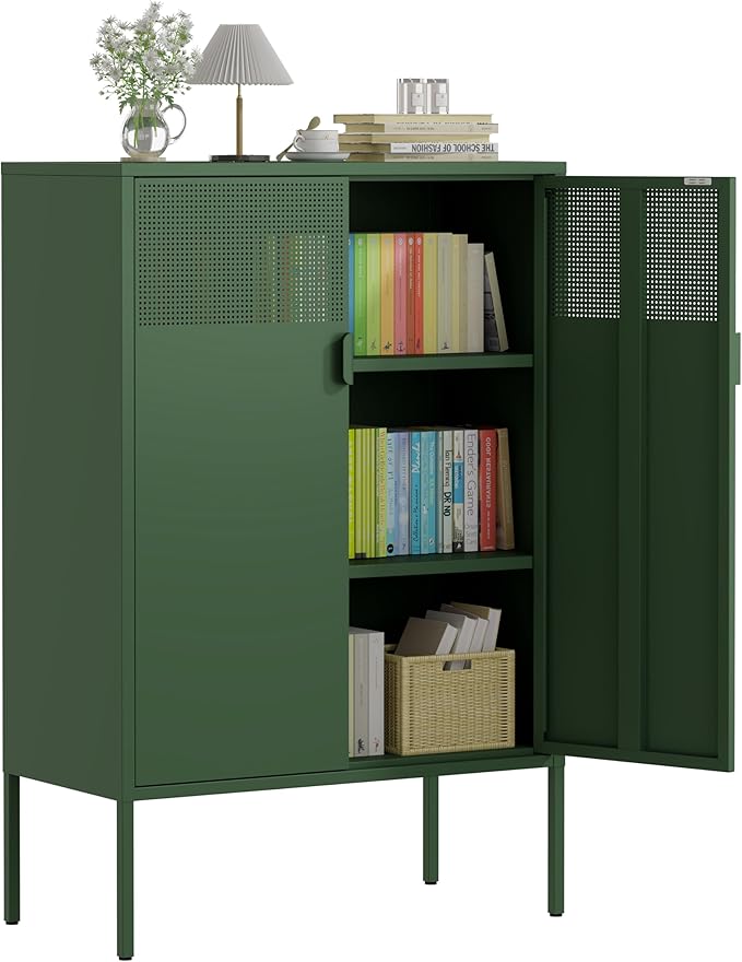 3-Tier Metal Storage Cabinet with 2 Adjustable Shelves & Mesh Doors | Metal Locker Accent Cabinet with Legs, Green Storage Cabinets, Metal TV Stand Cabinet for Home Office, Entryway & Hallway