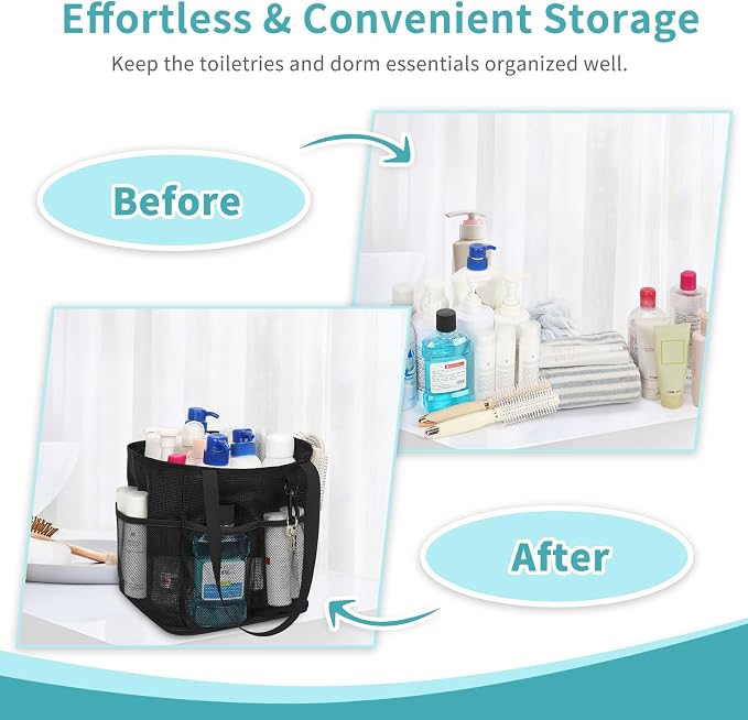 Mesh Shower Caddy Portable for College Dorm Room Essentials, Shower Tote Bag with Hanging Hook and Drawstring, Quick Dry Toiletry Bag with 6 Pockets for Bathroom, Swimming, Gym, Camping, Beach, Travel