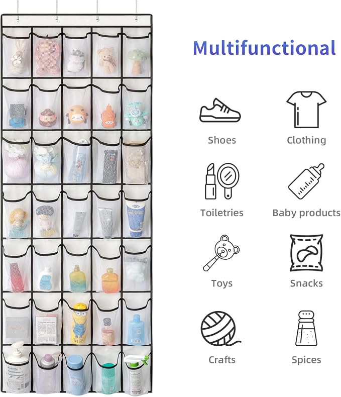 SAVERHO 35 Pockets Over the Door Shoe Organizer, Hanging Shoe Organizer for Door with 35 Mesh Pockets Large Capacity Shoe Hanging Storage Bag with 4 Metal Hooks (White-1Pack)