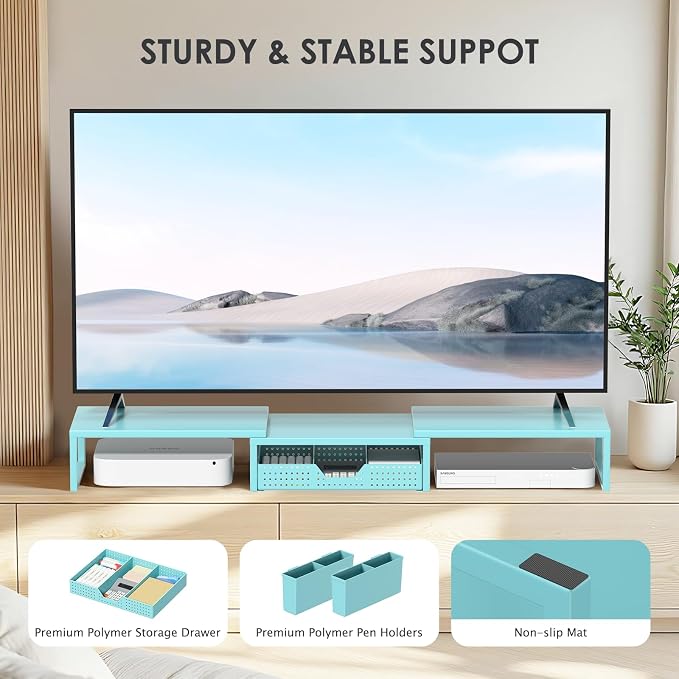 OPNICE Desk Organizers and Accessories, Dual Monitor Stand Riser with Drawer and 2 Pen Holders, Desk Shelf Computer Monitor Stand for Office Workspace Organizers, Desktop Organization (Blue)