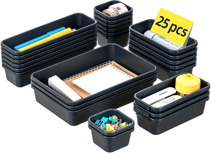 Kutesna 25PCS Interlocking Drawer Organizer, Plastic Desk Organizer Set | 4-Size Versatile Storage Bins,BPA-free, Non-slip, Fits Any Drawer for Cosmetics, Bathroom, Tools, Kitchen and Office