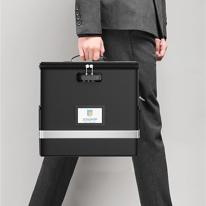 Fireproof File Box with Lock, Collapsible Document Organizer, Black | Suitable for Hanging Folders in Letter Size, Reflective Strip for Fast Find, Home Office Safe Protection,12.2"x6"x10.2"