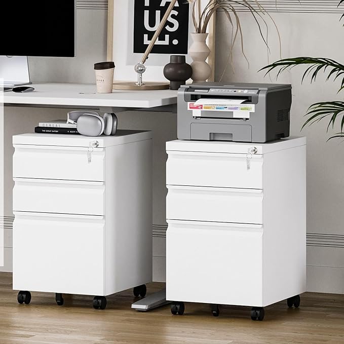 Guizeeopo 3 Drawer File Cabinet with Lock, File Cabinets for Home Office,Under Desk Cabinet, Locking File Cabinet for A4/Letter/Legal, Fully Assembled Expect Casters, Matte White