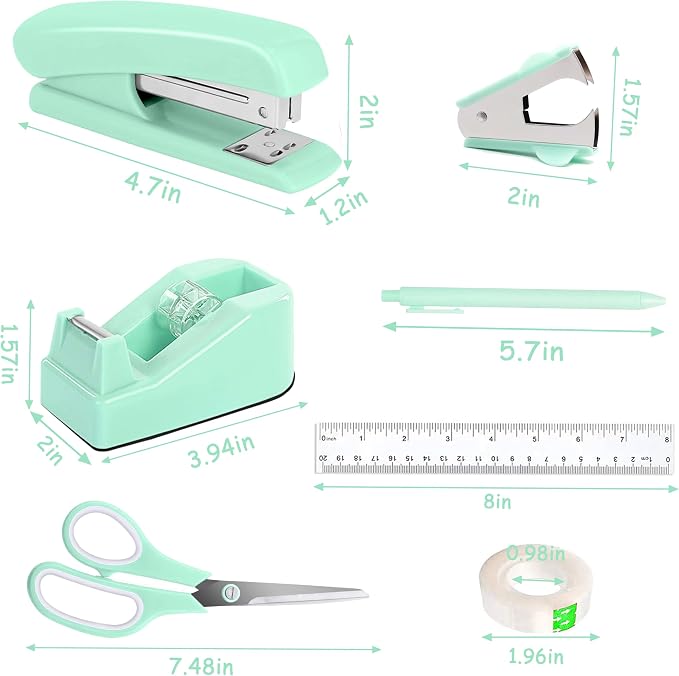 Dimonluce Green Office Supplies, Teal Desk Accessories Accessories with Tape Dispenser, Stapler, Staple Remover, 1000 Staples, Tape, Clips Set, Ruler, Scissor, Pen