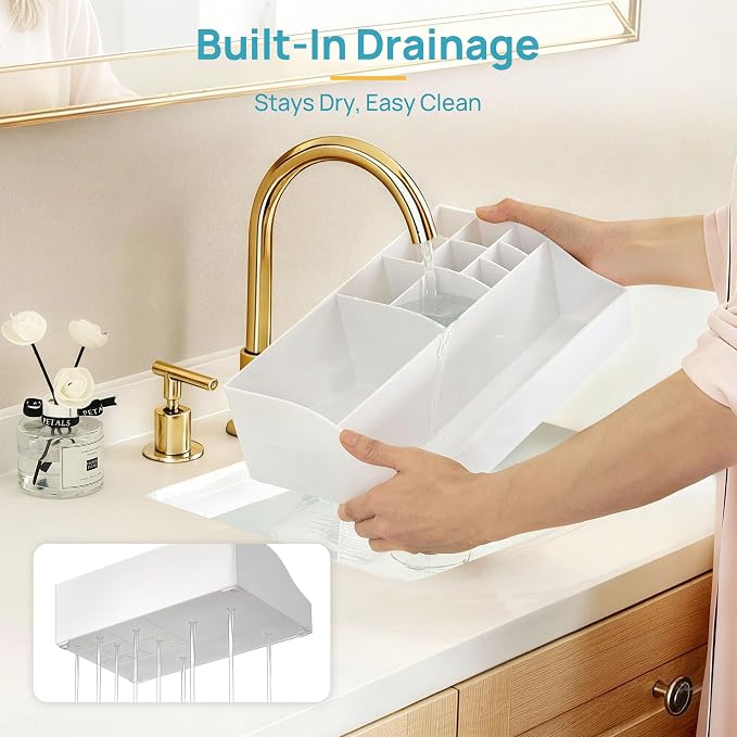 Vtopmart 5 PCS Bathroom Countertop Organizer Sets, White | 1 Divided Tray with 4 Qtip Holder Jars, For Toothbrush, Cotton Pads Balls, Floss, For Bathroom Countertop