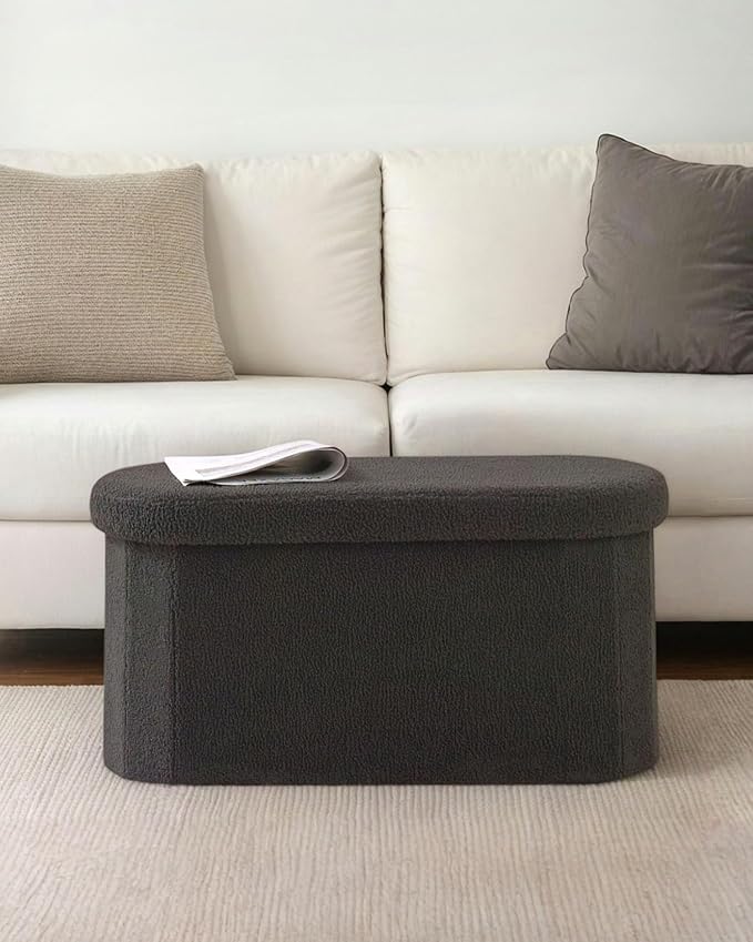 30 Inches Oval Storage Ottoman Bench, Foldable Footrest | Teddy Boucle Fabric, Hidden Storage, Soft Padded Seat, Compact Ottoman for Living Room, Bedroom, Dorm, Dark Grey