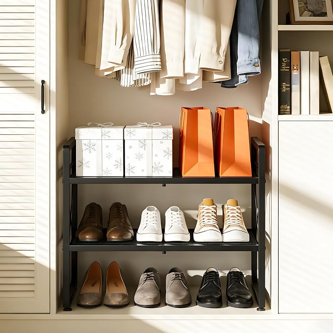 ELYKEN Expandable Shoe Rack for Closet, 4-Tier Metal Black Shoe Organizer | Adjustable Height Shoe Shelf for Boots, Heels, with 8 Hooks, Stackable Shoe Stand Holder for Entryway, Garage, Door Entrance