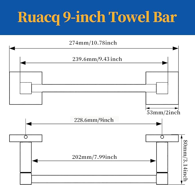 RUACQ Towel Bar, 9" Towel Racks for Bathroom Wall Mounted, Brushed Nickel | Hand Towel Holder, Total Length 10.8 Inch Single Towel Rod, 304 Stainless Steel, Rustproof, Square Base, Heavy Duty, Modern