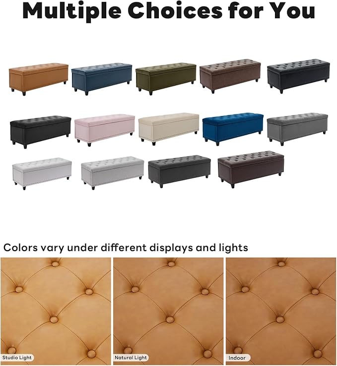 Tbfit 50.8" Large Storage Ottoman Bench with Button-Tufted Top, Blue PU Faux Leather End of Bed Chest with Safety Hinge and Rivets for Bedroom, Living Room (Camel PU)