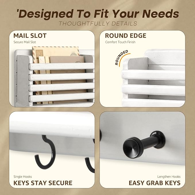 Rebee Vision Key Holder Wall Mount with Mail Slot for Hoom Decor, White | Pine Wood, Key Holder for Wall, Storage Shelf, 8 Key Hooks, Dog Leash Storage, Mail Organizer, key Hanger Apartment Aesthetic
