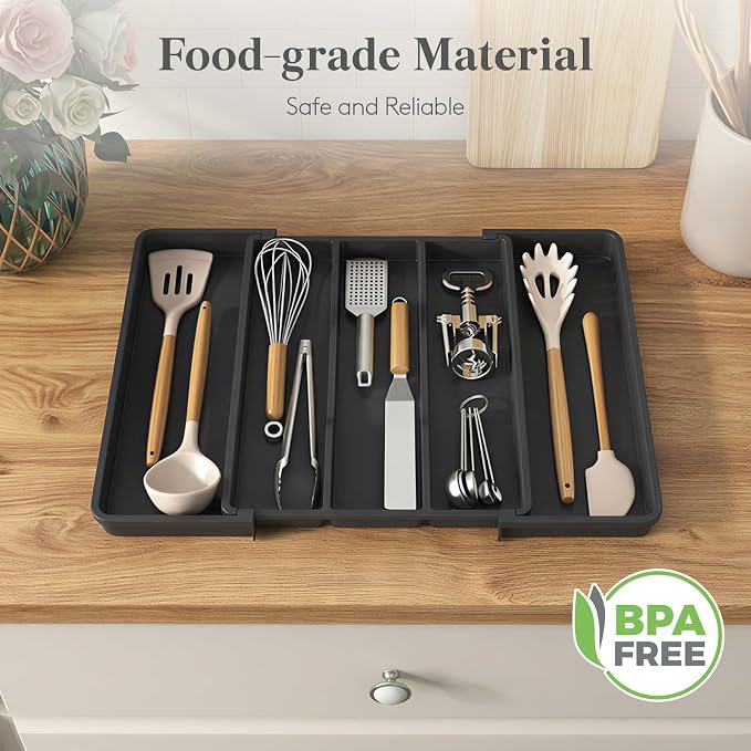 Lifewit Utensil Organizer, Expandable Kitchen Drawer Tray, Adjustable Cutlery and Cooking Utensil Holder, Black