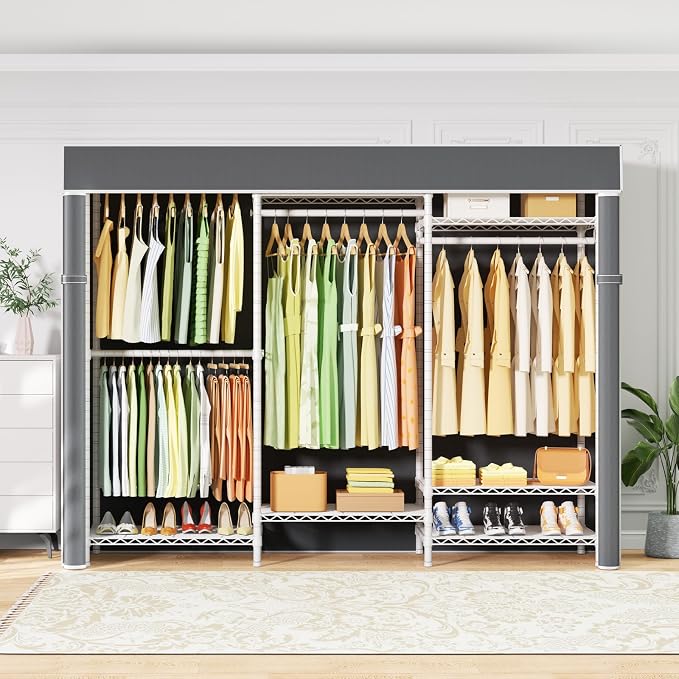 E13C Heavy Duty Closet Organizer System,Freestanding Clothing Racks for Hanging Clothes,Adjustable Garment Rack 63" W x 16" D x 77" H Hold 960 lbs,White Clothing Rack with Grey Dustproof Cover
