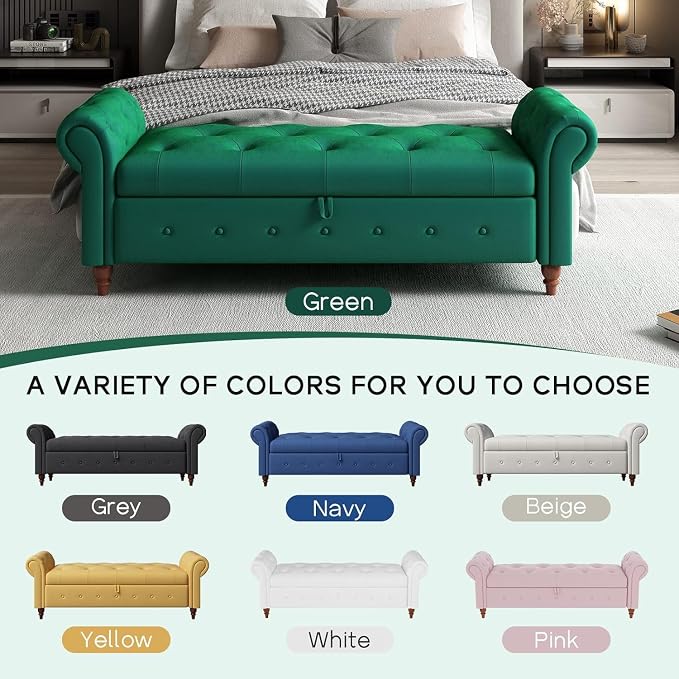 NIOIIKIT 63'' Storage Ottoman Bench Tufted Entryway Bench Dark Green Velvet | Button Tufted End of Bed, Large Storage Space, Rolled Armed Ottoman Couch Long Bench for Bedroom, Living Room, Hallway