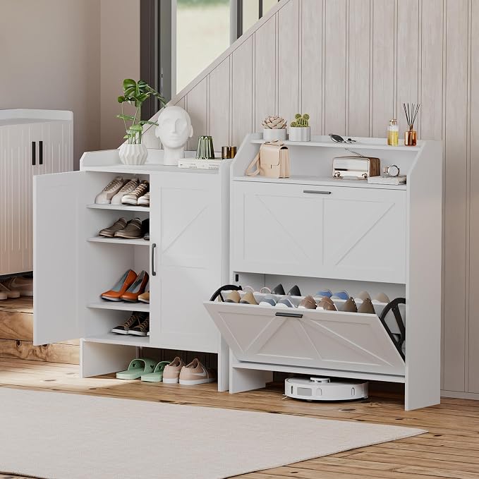 Farmhouse Shoe Cabinet with 2 Flip Drawers, Shoes Storage Cabinet, Freestanding Shoe Rack Organizer for Entryway, White