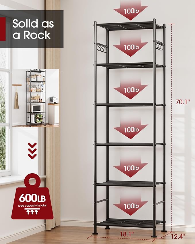 Sakugi Storage Shelves - 6-Tier Large Capacity Shelf Organizer with Hooks, Heavy-Duty Garage Shelving with Leveling Feet, Wobble-Free Rack for Bedroom, Balcony, Garage, 18.1"×12.4"×70.1", Black