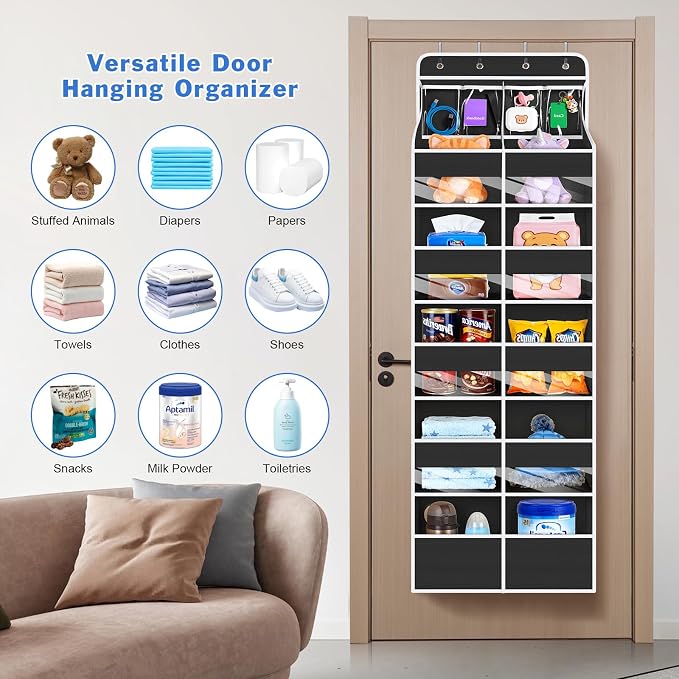 Univivi Upgraded Over the Door Organizer for Baby Nursery, Black, 6-Shelf | Fabric Door Organizer with Clear Window Deep Pockets, Over Door Hanging Organizer for Baby Essential, Bedroom, and Dorm