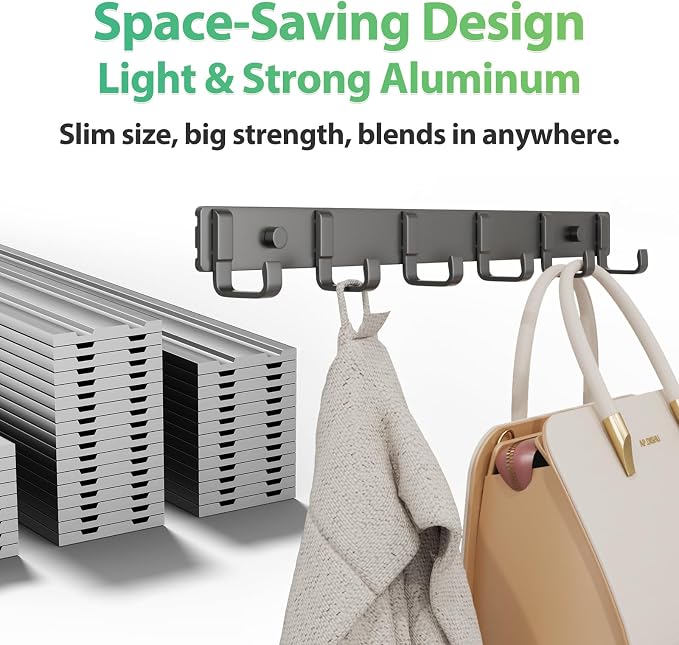 16-Inch Wall Mount Coat Rack with 6 Hooks, Compact Hooks for Hanging Coats, Hats, Jacket, Bags and Purses in Entryway, Bedroom, Bathroom or Closet, Install with Strong Glue or Screws (2-Pack)