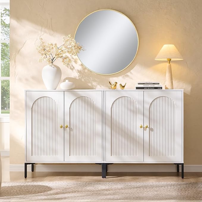 IFGET 61.75" W Modern Arched Sideboard Buffet Cabinet with Storage, White | Fluted Arch Sideboard Cabinet w/Adjustable Shelves, Wooden Modular Kitchen Cabinet for Dining& Living Room, Entryway