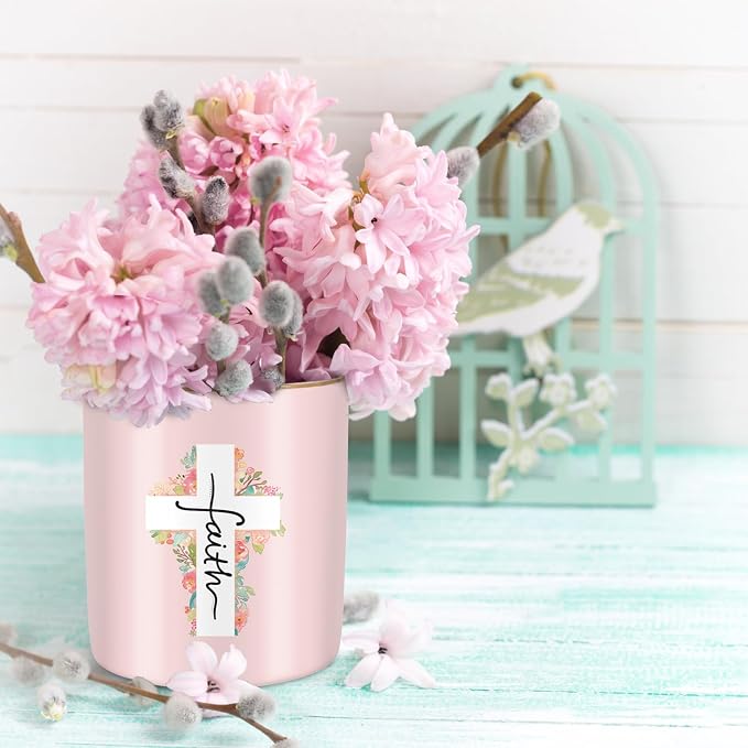 Ceramic Pen Holder for Desk Cute, Pencil Holder Cup, Makeup Brush Holder Pink, Multi-Functional Organizer for Office, Religious Style
