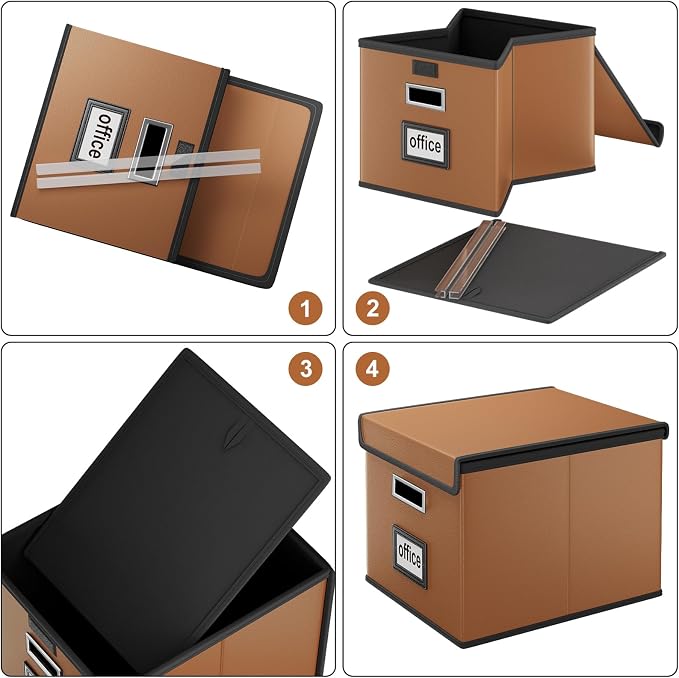 File Organizer Box with Lids, Collapsible File Folder Organizer | File Box with Plastic Slides for Document, Filing Bin for Letter Size Hanging File Folders (1 Pack, Caramel, Leather)