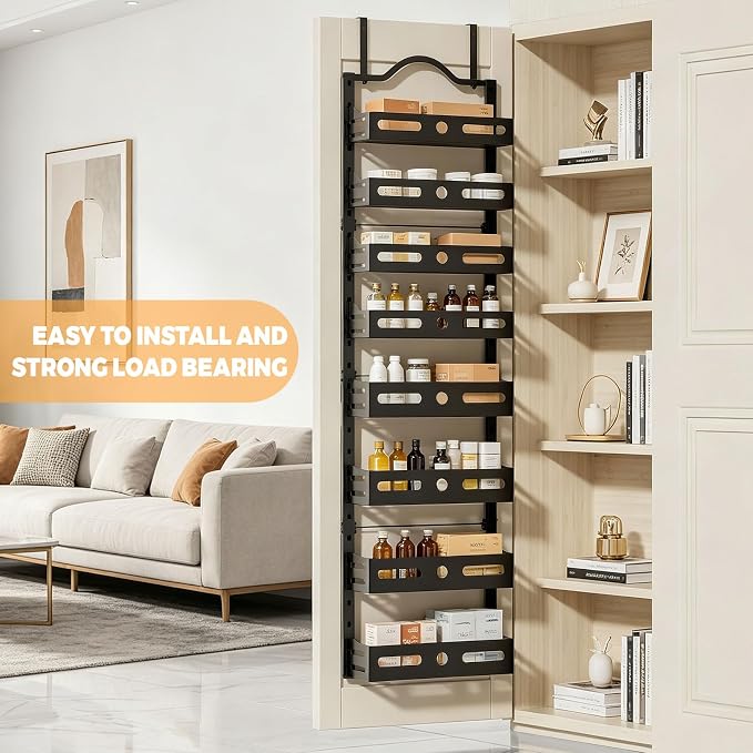 8-Tier Pantry Door Organizer, 2 IN 1 Wall Mount or Over The Door Pantry Organizer, Door Spice Rack with Adjustable Baskets, Over Door Organizer for Kitchen (12.4"W x 5.5"D x 66.1"H,1 Pack, Black)