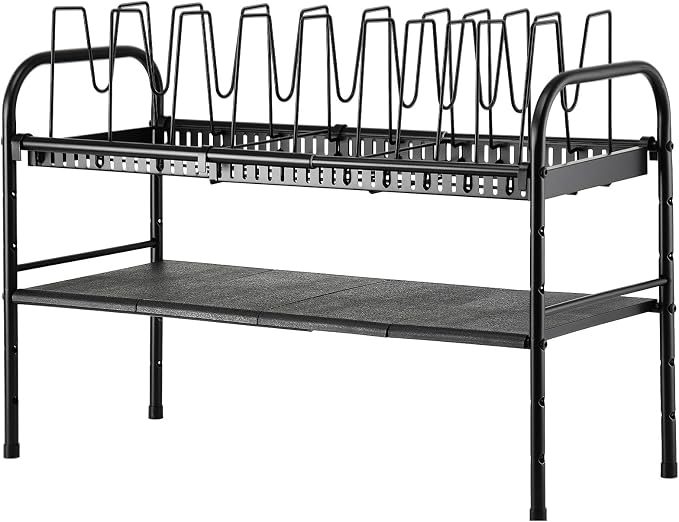 HULISEN Pots and Pans Organizer Under Cabinet, 2-Tier Expandable Pot Rack | 10 Dividers for Lid Separation, 5-Level Adjustable Height, Kitchen Cookware Pan Holder Shelf, Carbon Steel Frame