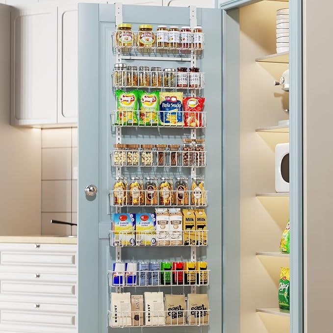 Delamu Adjustable Cabinet Door Organizer, 8-Tier Hanging Spice Rack Organizer, Metal Over the Door Pantry Organizer, Pantry Organizers and Storage Shelves for Kitchen Bathroom Laundry Room, White