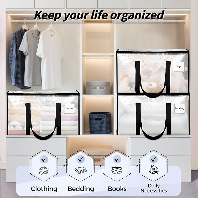 8 Pack Extra Large Clothes Storage Bins with Lids, Storage Bags with Reinforced Handles & Heavy-Duty Zippers, Moving Bags, Moving Boxes Totes for Clothes Packing, Dorms, College Supplies, Clear
