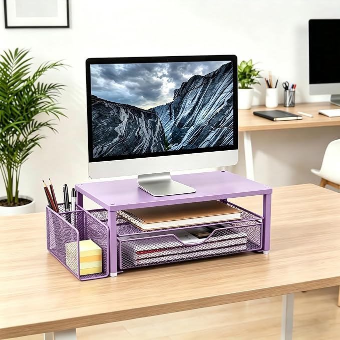Spacrea Desk Organizer and Accessories, Computer Monitor Stand Riser with Drawer and 1 Open Pen Holder, Printer & Laptop Stand, Office Desk Accessories for Home Office Supplies (Purple)