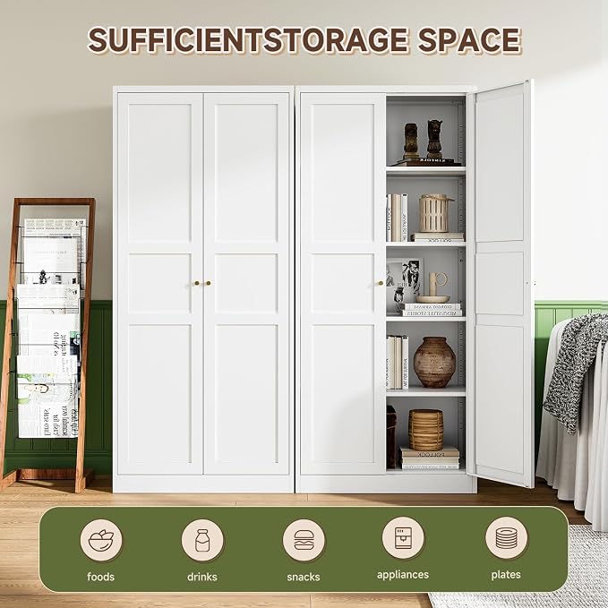 Letaya White Storage Cabinet with Adjustable Shelves-Metal Home Kitchen Pantry Cabinets with Doors,Organization Locker for Cupboard/Bedroom/Dining/Living/Bathroom/Office/Garage Room
