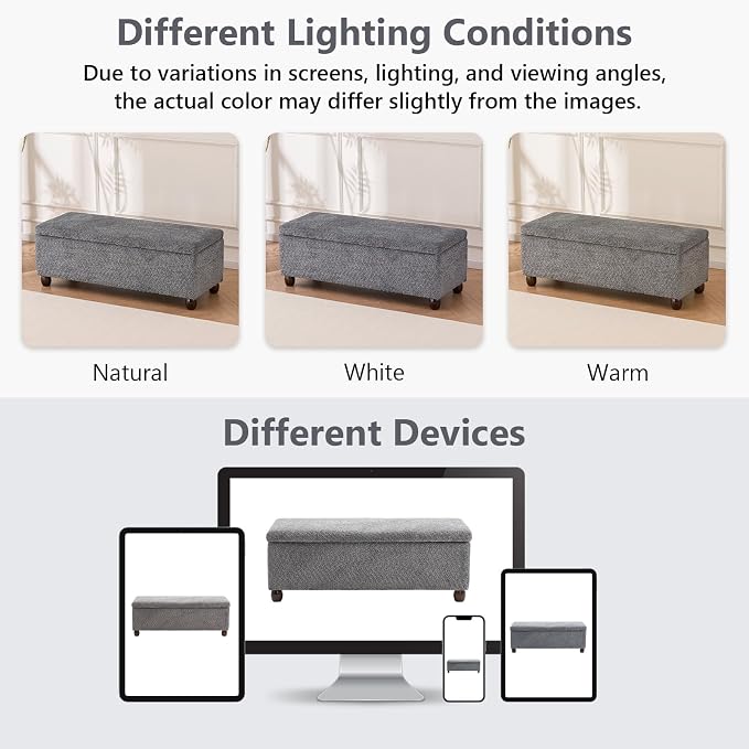 Boucle Storage Ottoman Bench, with Hidden Storage and Solid Wood Legs | Modern End of Bed Bench, Rectangle Footrest, Hidden Storage, Solid Wood Legs, Bedroom, Living Room and Entryway Use, Grey