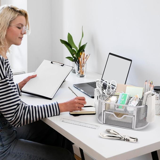 17 in1 Silvery Desk Organizers and Accessories Set, 3 Office Desk Supplies Storage Organization, 4 Pens, Stapler, Staples & Remover, Tape & Dispenser, Scissors, Ruler, Clips, Hole Punch Back to School