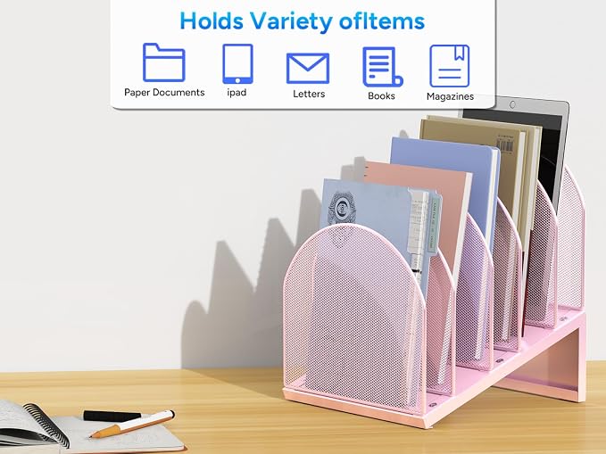 gianotter Desktop File Organizer, Desk Organizer with 5 Compartments, Paper Organizer for Desk, Workspace Organizers for Office Supplies (Pink, Inclined Style)