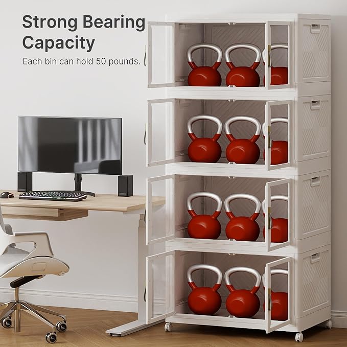 Stackable Storage Bins with Lids, 720QT Extra Large Storage Cabinet | Clear Doors, Foldable Storage Drawers, Heavy Duty, Collapsible Closet Organizers for Bedroom Office (4, White, 180, Quarts)