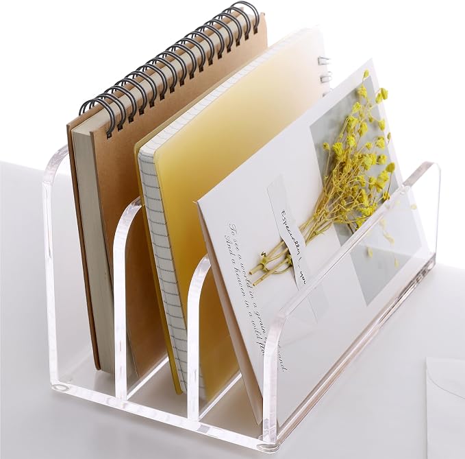 SANRUI Clear Mail Organizer Desk Sorter, Acrylic Letter File Holder 3-Slot | Laddered Office Document Mails Storage, Multifunction Letter Folder Racks Holders for Office,Home, School Desk Organization