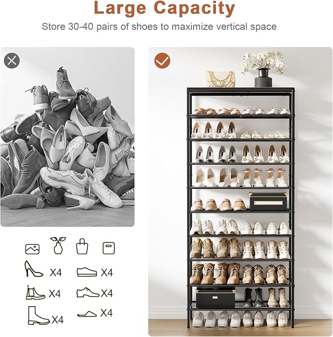 10 Tier Metal Shoe Rack with Wood Top, 30-40 Pairs Black | 65.4in tall for max capacity. 3 iron sheets secure heels. Removable shelf for boots. Top displays decor.