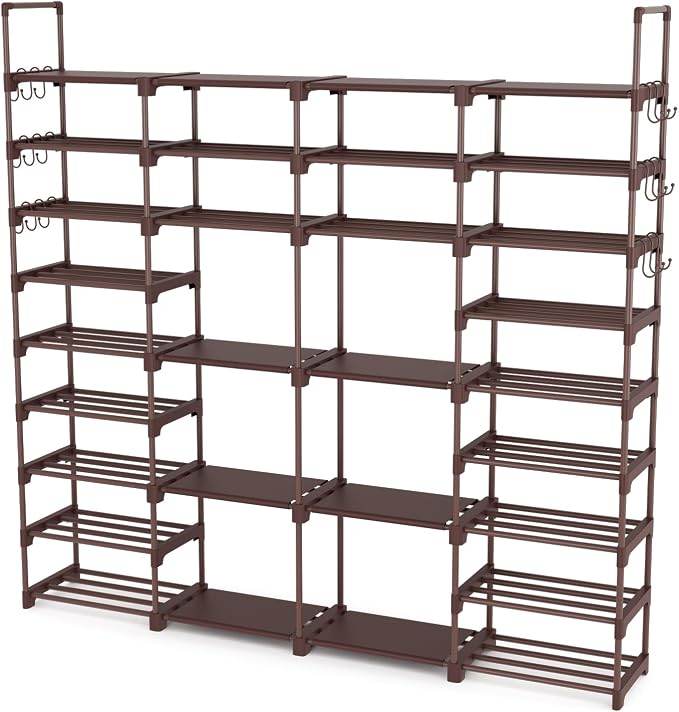 ROJASOP Large Shoe Rack Organizer for Entryway Closet 64-68 Pairs 9-Tier Heavy Duty Tall Garage Shoe Rack Shoe Shelf Shoes Storage with 18 Pcs Removable Side Hooks for Bedroom and Garage Brown