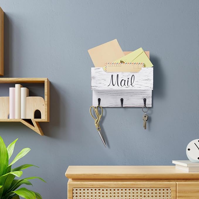 DRASTAR Small Mail Organizer Wall Mounted,Wooden Mail & Key Holder for Wall, Hanging Mail Organizer,Retro White