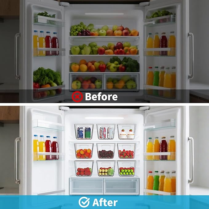 Clear Stackable Fridge Organizer with Lids, 4 Pack Large 11.5×7.5×6 Inch | Stackable clear storage containers with handles, pantry organizer for kitchen, fridge and freezer